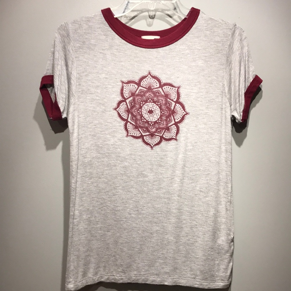 short sleeve red and grey shirt